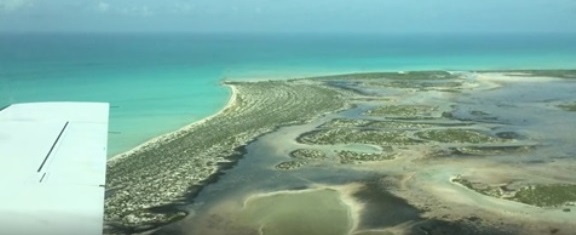 Aerial View of Little Ambergris Cay microbial mats and ooiltic sands offshore